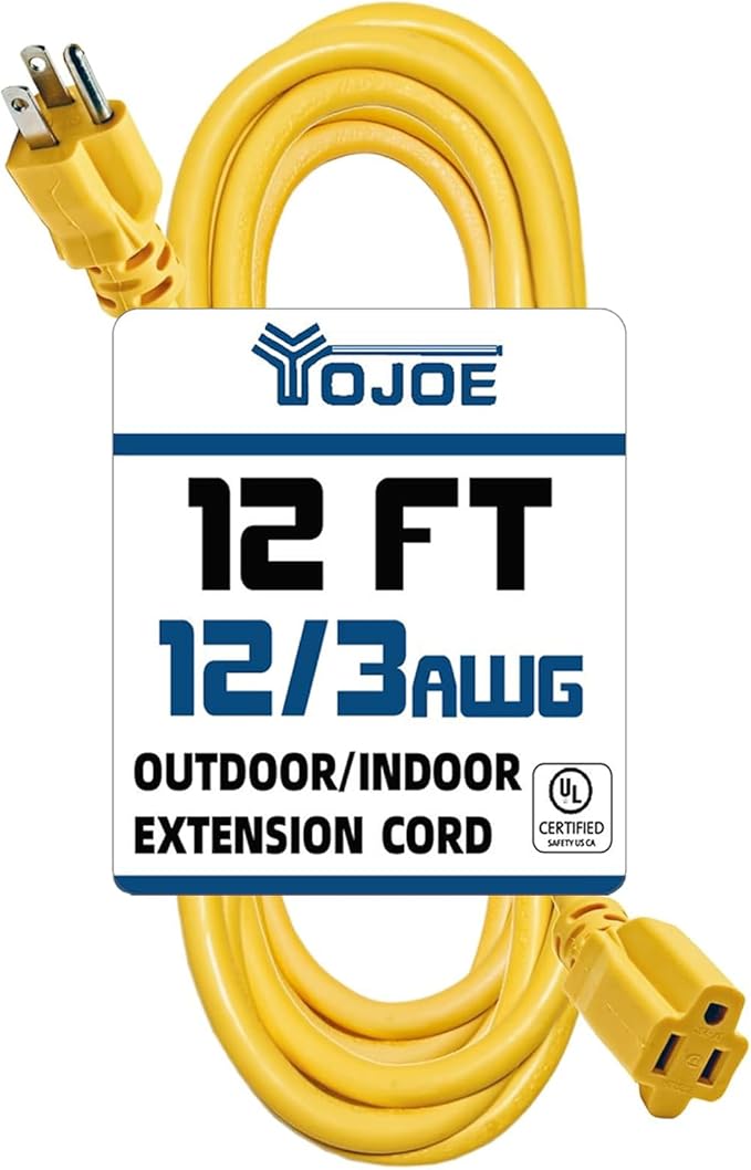 YOJOE Indoor Outdoor Extension Cord, 3 Prong 15A Weatherproof Power Cord, 12 Gauge Heavy Duty 12 ft Yellow Extension Cord for Garage, Garden and Home, 12/3 SJTW UL Listed