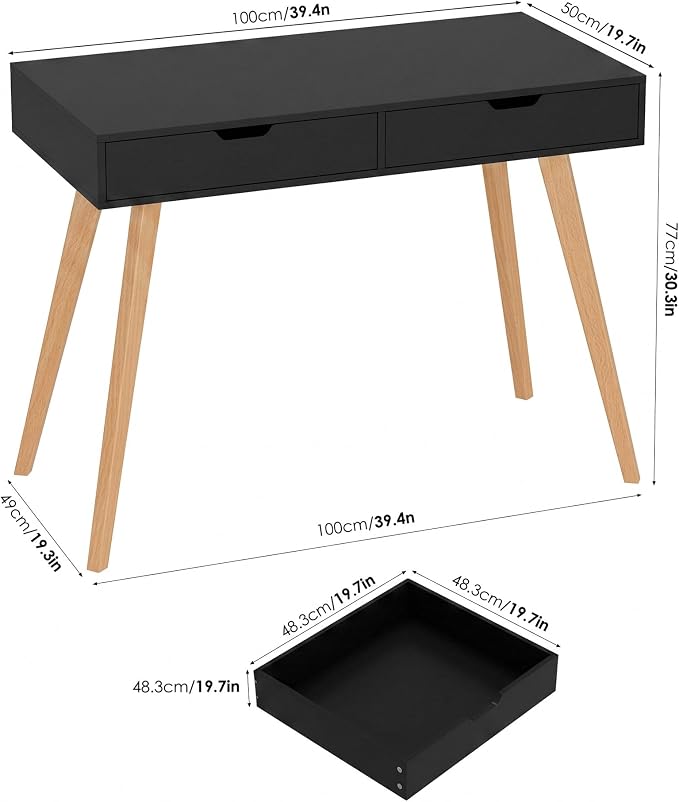 FOTOSOK White Computer Writing Desk with 2 Drawers, Small Desk Makeup Vanity Table Wood Desk with 4 Oak Legs, Modern Home Office Desk Console Study Table, Black