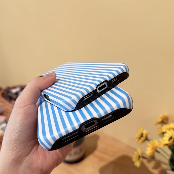 for iPhone 16 Pro Max Case Striped Cute Aesthetics Phone Case Trendy Protective Shockproof Cover for iPhone 16 Pro Max Blue White