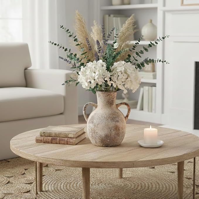 SIDUCAL Rustic Ceramic Farmhouse Flower Vase with 2 Handles, Whitewashed Terra Cotta Vase, Decorative Pottery Flower for Home Decor, Table, Living Room, Shelf Decor, 7.3 Inch, Terra