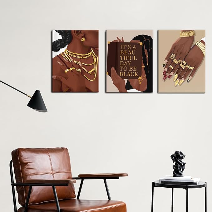 Marllifenney 3 Pcs Black Woman Wall Art Framed Black Girl Posters Abstract African American Canvas Prints Black Women Painting Decor Modern Boho Female Pictures for Bedroom Living Room Office 16x24in