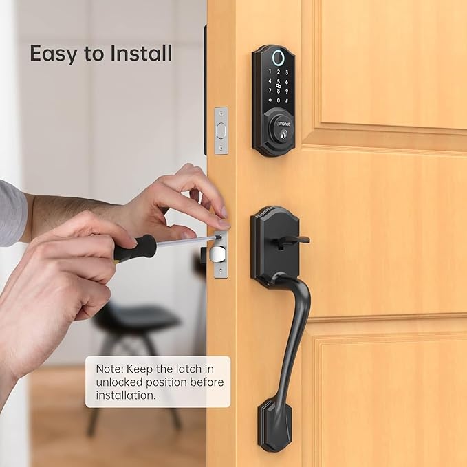 Smart Lock Front Door, SMONET Keyless Entry Door Lock with Handle, Smart Front Door Lock Set Fingerprint Smart Deadbolt Bluetooth Electronic Digital Keypad Lock, Auto Lock Work with Alexa, Black