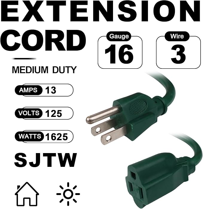 EP 2 Pack 6FT Green Outdoor Extension Cord, 16/3 SJTW Heavy Duty Waterproof, 3 Prong Grounded Plug, 13A 1625W 16AWG, Cold-Resistant Flexible Power Cable for Garden, Home, Christmas Lights