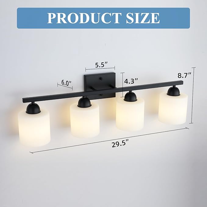 Milk Glass Vanity Lights for Bathroom, 4 Light Matte Black Bathroom Light Fixtures Over Mirror, Ceramic E26 Sockets Wall Mounted