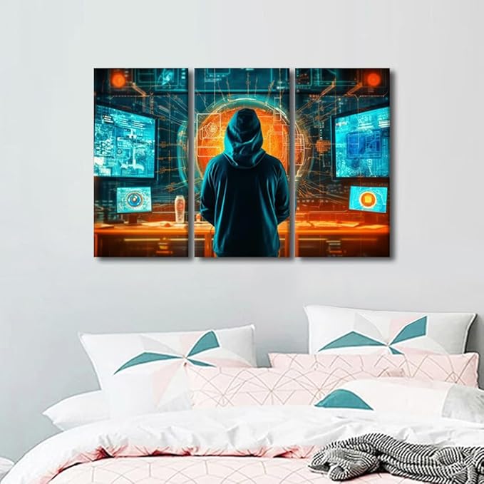 3 Panel Framed Wall Art Concept of Cybersecurity, Phishing, Cybercrime Picture Poster for Bedroom Living Room Wall Decoratio, Concept Art Gallery-Wrapped Ready to Hang, 36" Wx24 H