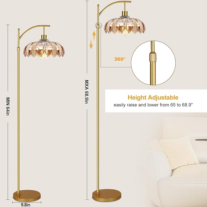 Arc Floor Lamp for Living Room Gold Floor Lamp with Remote Control,Dimmable Floor Lamps With Glass Lampshades,Mid Century Modern Standing Lamp Tall Vintage Flower Floor Lamps for Bedroom,Corner