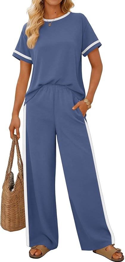Sampeel 2 Piece Sets for Women Matching Sets Summer Outfits Resort Wear Short Sleeve Lounge Set Wide Leg Pants with Pockets