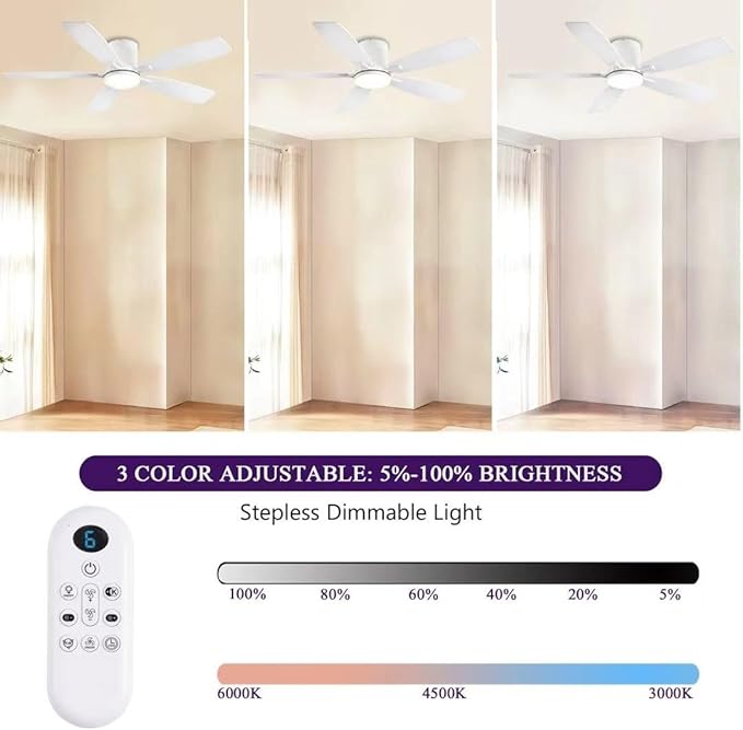 52inch Flush Mount Ceiling Fans with Lights and Remote/APP Control, Dimmable LED, Reversible DC Motor, Noiseless, Low Profile White Ceiling Fan for Livingroom, Indoor/Outdoor Use