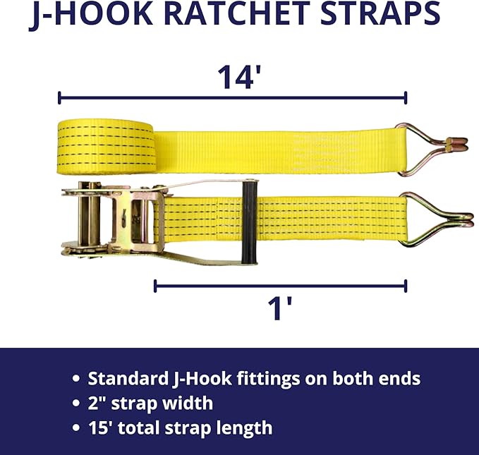 Ratchet Tie Down Straps, 2 in x 15 ft, 5,000 lb Breaking Strength, J-Hook, 2-Pack