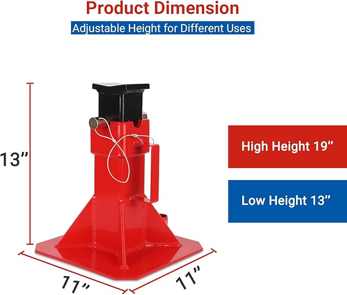 Heavy Duty Pin Type Professional Car Jack Stand with Lock, Automotive Jack Stands for Supporting Trucks Trailers Car, Adjustable Height 13"-19", 22 Ton (44,000 Lb) Capacity, Red, 1 Pair