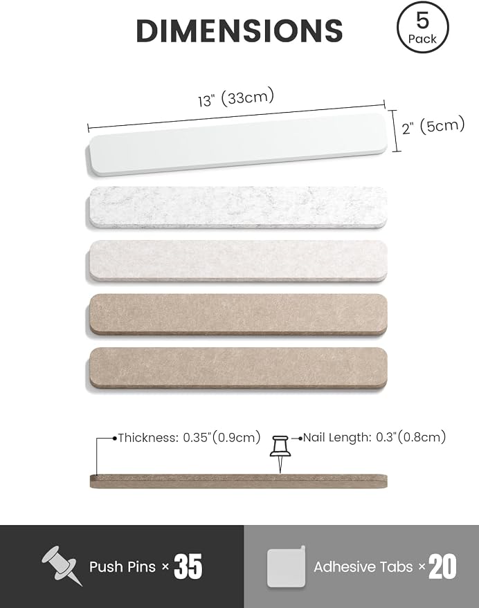 Fluxynara 13" x 2" Felt Wall Panels, Stone Beige | 5-Pack Cork Board Alternative with 35 Push Pins, Adhesive Mounting for Bedroom Door or Home Office