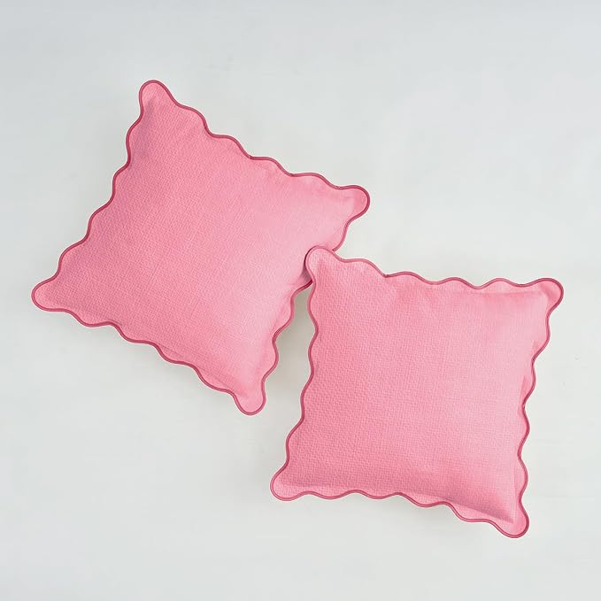 Scalloped Throw Pillow Covers | Decorative Couch Pillows | Boho Sytle for Living Room | for Valentines Day (Pink, 24x24 Inch)