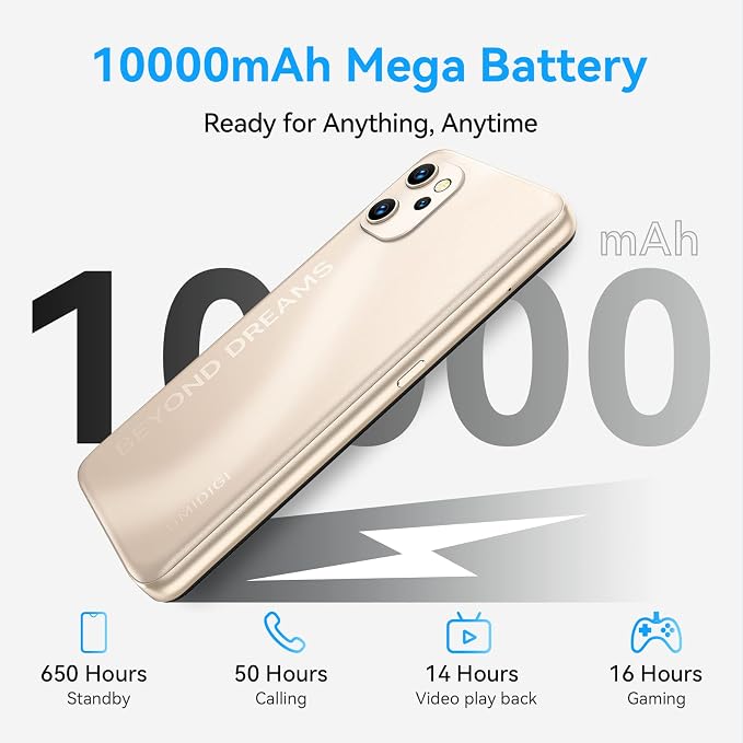 UMIDIGI Power 7 MAX Unlocked Cell Phone,6GB+128GB 10000mAh Battery,6.7" Full Screen + 48MP AI Triple Camera Android Smartphone,NFC,GPS,Face & Fingerprint,BLE 5.0, WiFi 2.4GHz/5GHz,Warranty,Gold