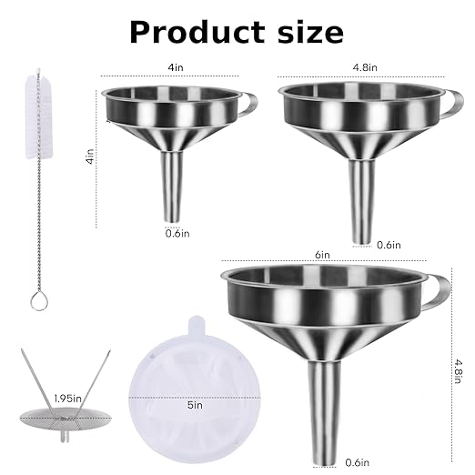 5 in 1 Funnels for Filling Bottles Stainless Steel Small Kitchen Funnel Set for Transferring Essential Oils Liquid Fluid Spice Dry Ingredients Powder, Durable and Dishwash Safe