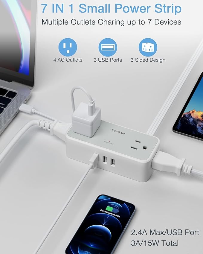 TESSAN Flat Plug Extension Cord 5 FT, Surge Protector Power Strip with 4 AC Outlets and 3 USB A Ports, 900 Joules Protection, Multiple Wall Outlet Extender Suitable for Office Dorm, Grey
