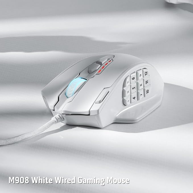 Redragon M908 Impact RGB LED MMO Gaming Mouse with 12 Side Buttons, Optical Wired Ergonomic Mouse with Max 12,400DPI, High Precision, 18 Programmable Macro Shortcuts, Comfort Grip, White | Stable Lag-Free Connection, Redefine Keybinding Macro, Vibing B...