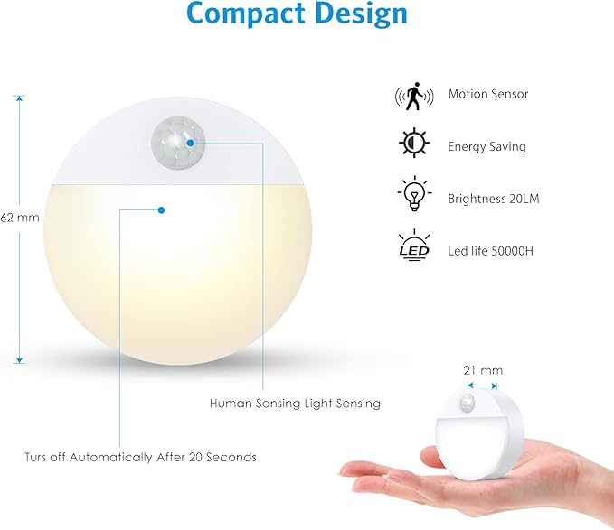 AMIR Upgraded Mini Motion Sensor Light Battery Powered, Cordless Stick On LED Night Light, Wall Light, Closet Lights, Safe Lights for Stairs, Hallway, Bathroom, Kitchen, Cabinet (Pack of 4 Warm White)