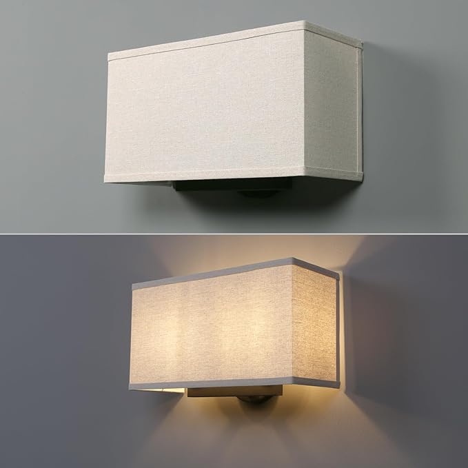 Yosoan Linen Boho Wall Sconce Stairwell Fixture Light, 2-Light Indoor Hardwired Vanity Dual Vintage Industrial Bedside Sconce Wall Mount Lighting Square Fabric Shade for Hallway Kitchen Living Room