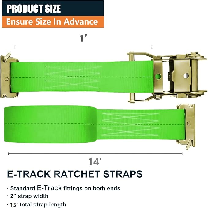 24Pack E-Track Straps Ratchet Etrack Strap Box Truck Strap Tie Down Heavy Duty 2" x15' 4400lbs Breaking Load, 2200 Working Load E-Track Accessories Green
