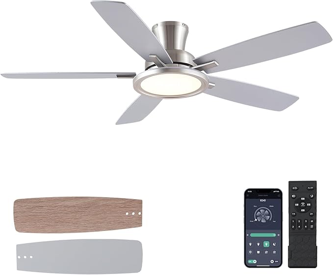52“ Ceiling Fan with Lights and Remote/APP - Flush Mount Low Profile Ceiling Fan Light with 3CCT Dimmable, 6 Speeds Reversible, Modern Fan Light Fixture for Indoor, Covered Patios, Nickel