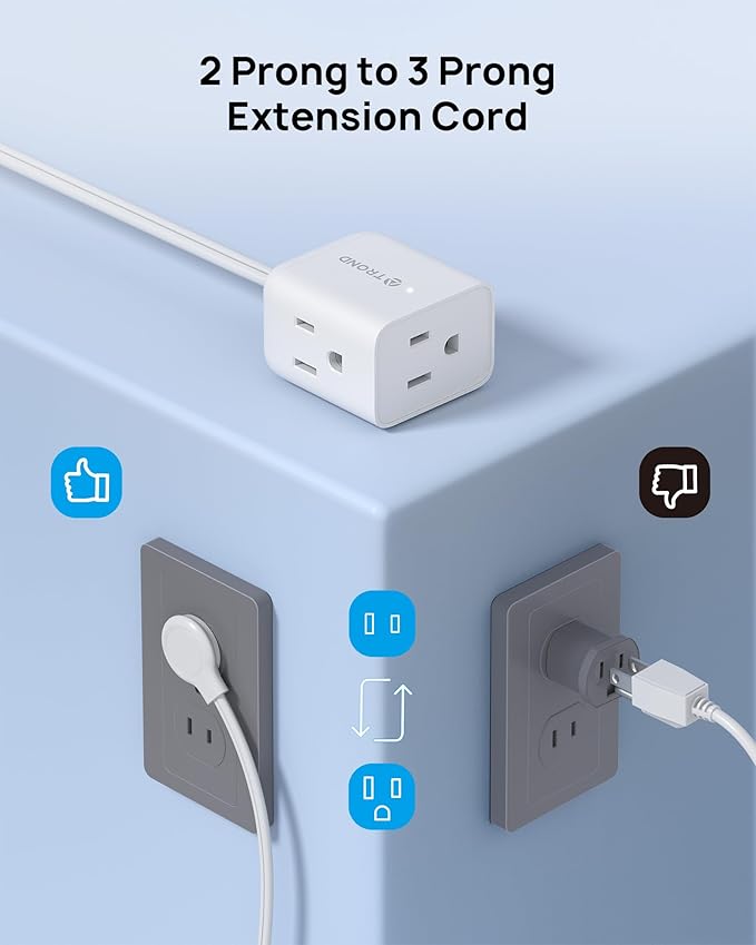 TROND Indoor 2 Prong to 3 Prong Extension Cord - Polarized Flat Plug 3 Outlet Extension 10ft, 16 Gauge Cable, 1625W for Non-Ground Socket in Old House School Home Office Kitchen Dorm Room, White