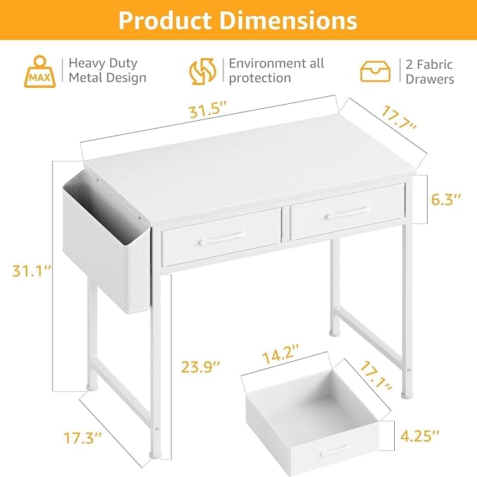 DLisiting White Desk with Storage Drawers - 39 Inch Small Computer Desk with Drawers for Bedroom Home Office, Study Writing Vanity Table Without Mirror for Girls Small Spaces