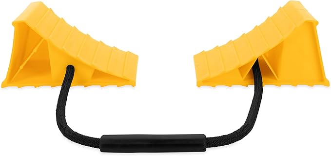 Camco Dual Standard RV Wheel Chock w/Rope - Heavy Duty Trailer Wheel Chock Constructed of Durable Plastic w/UV inhibitors - Features Rope Handle for Easy Removal - Use w/Tires Up to 26-in – 44470