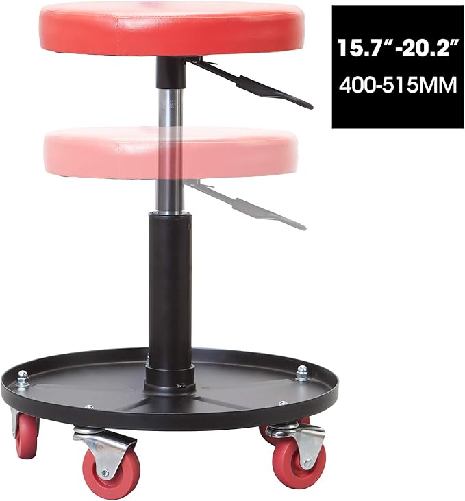 Big RED ATRHL6201R Torin Heavy Duty Rolling Pneumatic Creeper Garage/Shop Seat: Padded Adjustable Mechanic Stool with Tool Tray Storage, Red Large,15.36" D x 15.36" W x 4.73" H