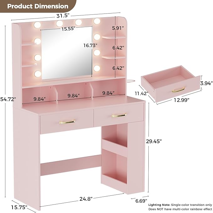 COMHOMA Vanity Desk with Lighted Mirror and Power Outlet, RGB LED Lights Makeup Vanity Set for Girls, Large Storage Capacity Dressing Table for Bedroom, 3 Lighting Modes Adjustable Brightness, Pink