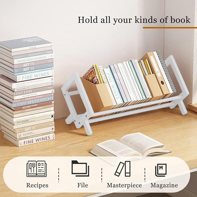 Wood Tilting Bookcase in Living Room/Home/Office, Desktop Book Shelf Organizer Bookshelves Storage Rack for CDs/Magazine/Books Display (White, 19.68"-L)
