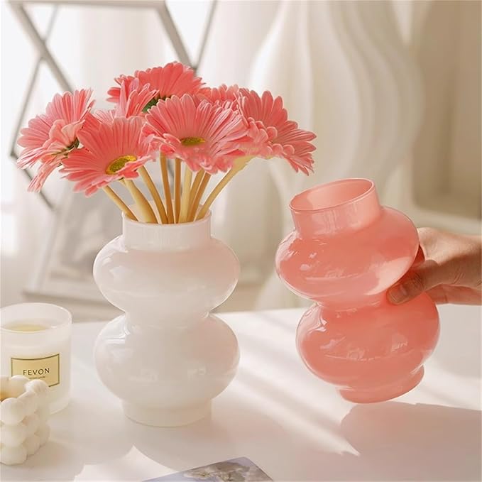 JSPYFITS Glass Hydroponic Flower Vase, Double Balls Colored Glasses Bubble Vase for Flowers, 7 Inches Glass Funky Vases for Home/Office/Weddings/Party Table Décor (Pink)