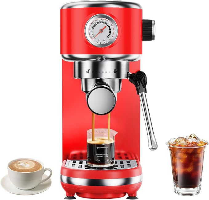atatix 20 Bar Espresso Machine with Milk Frother, Compact Espresso Maker | Stainless Steel Coffee Machine with Precise Temp Control & 44oz Removable Water Tank for Latte, Cappuccino, Red