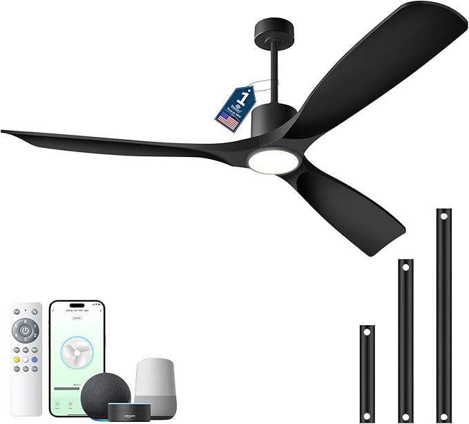 60" Smart Ceiling Fan with Lights,Outdoor Ceiling Fan 3 Blade,Compatible with Alexa/Gg/App/Remote,3-Color Light 6-Speed Quiet Reversible DC Motor for Patio,Black