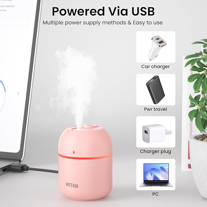 Portable Small Humidifier, WUTAER USB Personal Desktop Humidifier for Car, Office Room, Bedroom, Auto Shut-Off, 2 Mist Modes, Super Quiet(220ml, Pink)