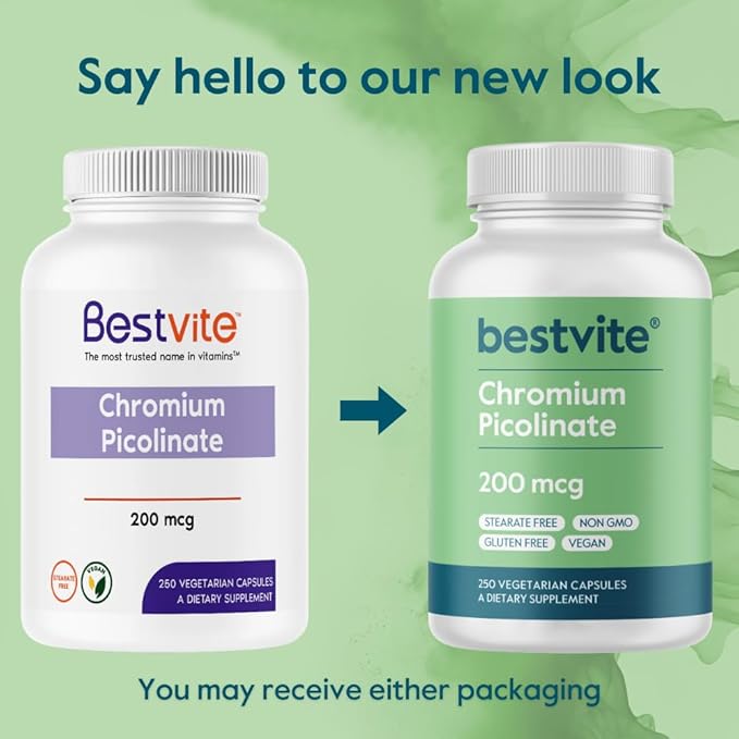 BESTVITE Chromium Picolinate 200mcg (250 Vegetarian Capsules) - No Stearates - No Dicalcium Phosphate - Vegan - Gluten Free - Non-GMO
