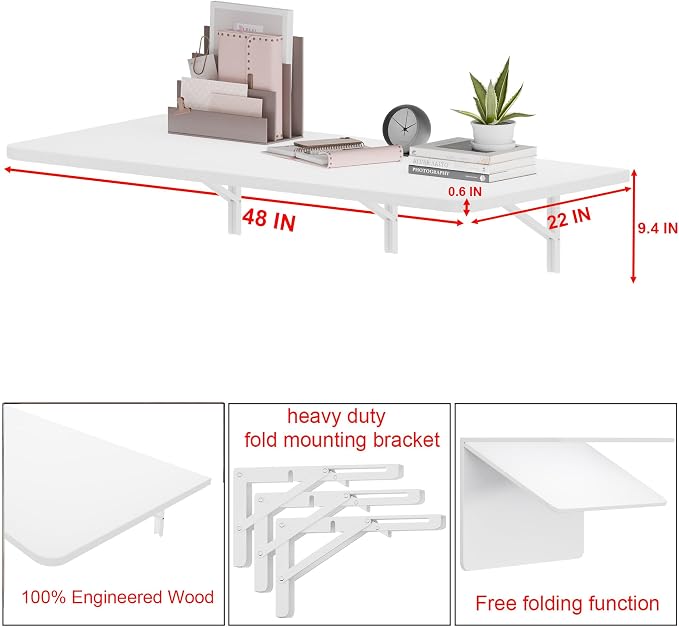 IAE 48x22in Floating Fold Desk,Wall-Mounted Folding Computer Table,White | Study Table with Shelf Brackets,Foldable Down Shelf with Engineered Wood,Fold Computer Desk for Small Apartment,Holds 509 lb
