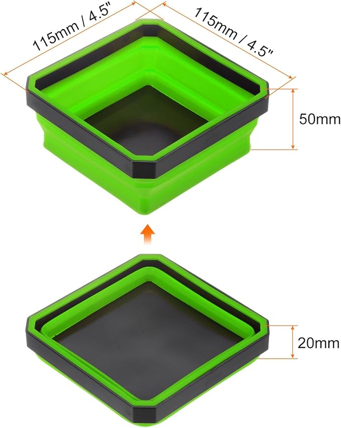 HARFINGTON 2Pcs Collapsible Magnetic Parts Tray Foldable Tool Trays Square Small Metal Parts Organiser for Fixing Screw Bolts Nuts Washers Pins, Green