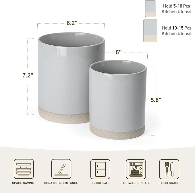 famiware Milkyway Kitchen Utensil Holder for Countertop, 7.2"+5.8" Ceramic Cooking Utensil Crocks for Counter, Utensil Organizer for Spatula & Spoon, Kitchen Decor, Set of 2, Light Gray