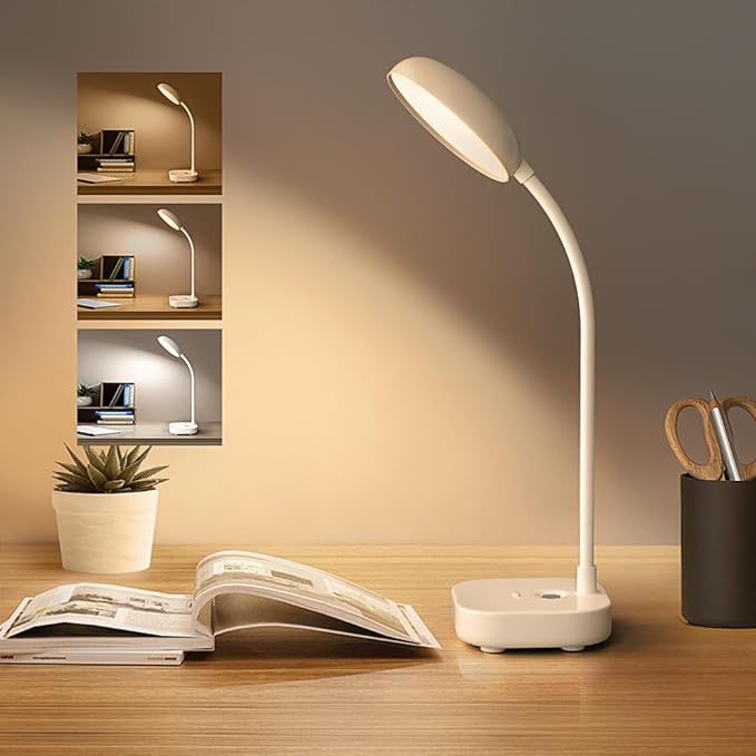 White Small Battery Powered Desk Lamp,Battery operated lamp,5W Rechargeable desk light,3 Colors,Adjustable brightness,360°Gooseneck Hose,Cordless lamps for small spaces,Eye-friendly and Energy Saving