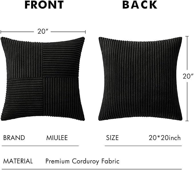 MIULEE Black Decorative Throw Pillow Covers for Couch 20x20 Inch | 2 Pack, Boho Farmhouse Pillow Covers, Soft Cross Corduroy Patchwork Textured Cushion Cases For Bed Sofa