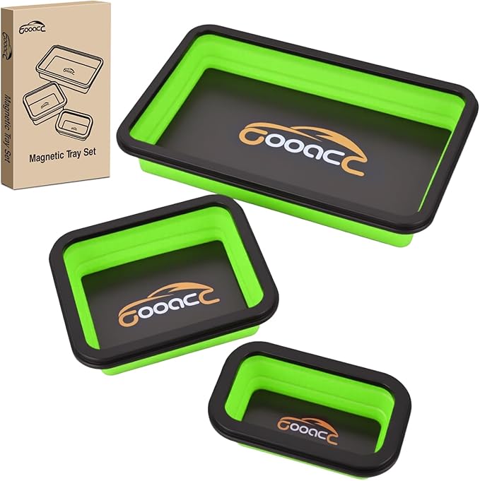 GOOACC 3 Sizes Collapsible Magnetic Parts Tray Set Green Silicone Foldable Tool Trays Organizer for Screws Bolts Nuts Pins Washers and Other Small Metal Parts Double Sided Magnet Base