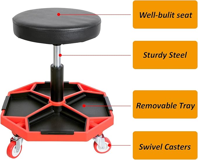 TCE ATRXF8308U Pneumatic Creeper Seat/Padded Adjustable Mechanic Stool with Removable Tool Tray Storage, 300 lb Capacity, Black/Red