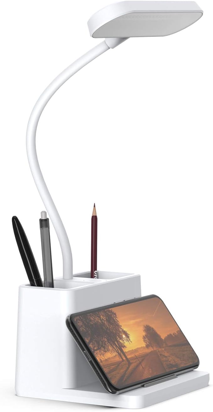 AXX Rechargeable Small Desk Lamp for Home Office Bedroom, Study Table Light for Kids Teens, White, LED, Pen Holder, Mini, Gooseneck, College Dorm Room Lighting for Computer Keyboard Desktop Task