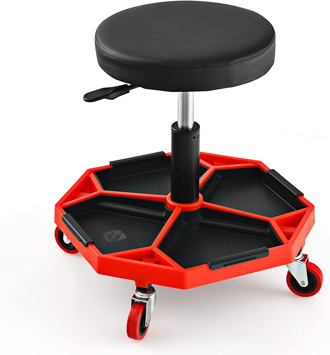 IRONMAX Rolling Mechanic Stool, Adjustable Shop Stool Creeper Seat with Removable Tool Tray, Padded Plush Cushion, Universal Wheels, Heavy Duty Metal Frame, 330 LBS Max Load
