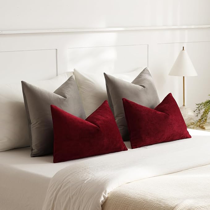 Lumbar Pillow Covers 12x20 Wine Red: Pack of 2 Cozy Soft Velvet Rectangular Modern Luxury Decorative Throw Pillow Cases for Christmas Sofa Couch Living Room Bed Home Decor
