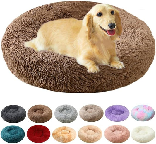 Calming Large Dog Bed & Cat Bed, 43 Inch Anti-Anxiety Donut Dog Cuddler Cat Bed, Warming Cozy Soft Dog Round Bed, Fluffy Faux Fur Machine Washable Pet Cushion for Medium Dogs & Cats (Coffee)