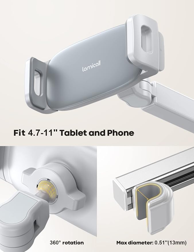 Lamicall Car Headrest Tablet Holder - [Extension Arm] Upgrade Adjustable Tablet Car Mount for Back Seat, Road Trip Essentials for Kids, for 4.7-11" Device like iPad Pro, Air, Mini, Galaxy, Fire, White