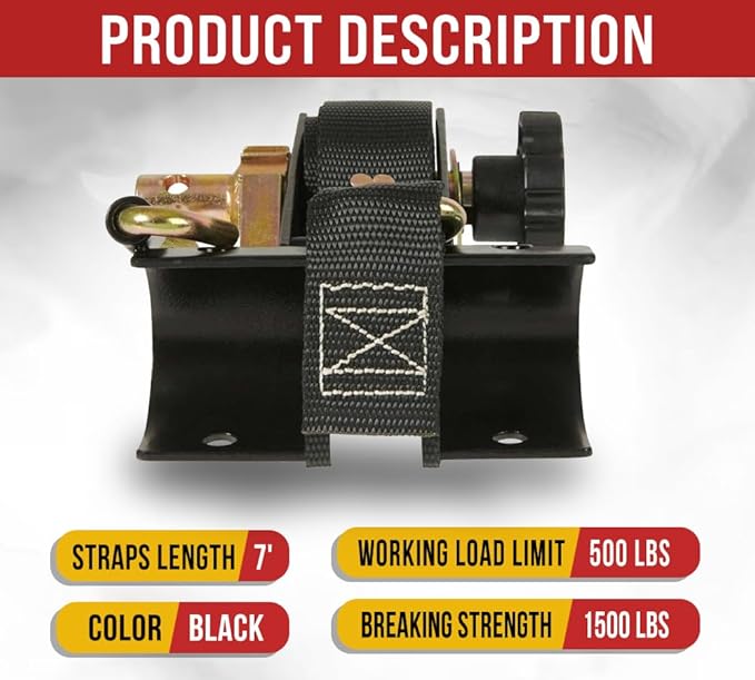 Mytee Products 2 Pack 1-1/2" x 7' Ladder-Rack Ratchet Tie-Down Straps Pair with Round Tube Mount & Double J Hook – Heavy-Duty Zinc-Plated & Black Powder-Coated for Truck Rack Load Securement