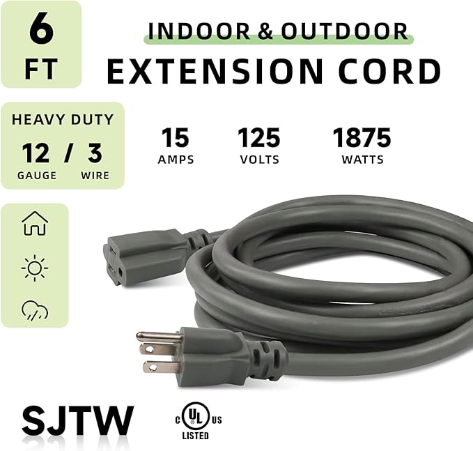 EP 12/3 6 FT Indoor Outdoor Grey Extension Cord Waterproof, 12 Gauge 3 Prong Power Cord Flexible Resistant Appliance Extension Cable Electric Cable Outside, 15A 1875W 12AWG SJTW, ETL Listed