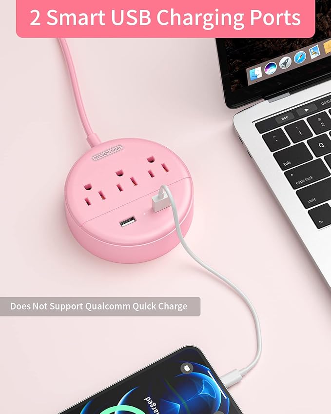 10 ft Long Extension Cord Power Strip with USB, NTONPOWER Pink Charging Station with 3 Outlet and 2 USB, Travel Power Strip Flat Plug, Wall Mount for Home Office Dorm Room and Cruise Ship, ETL Listed